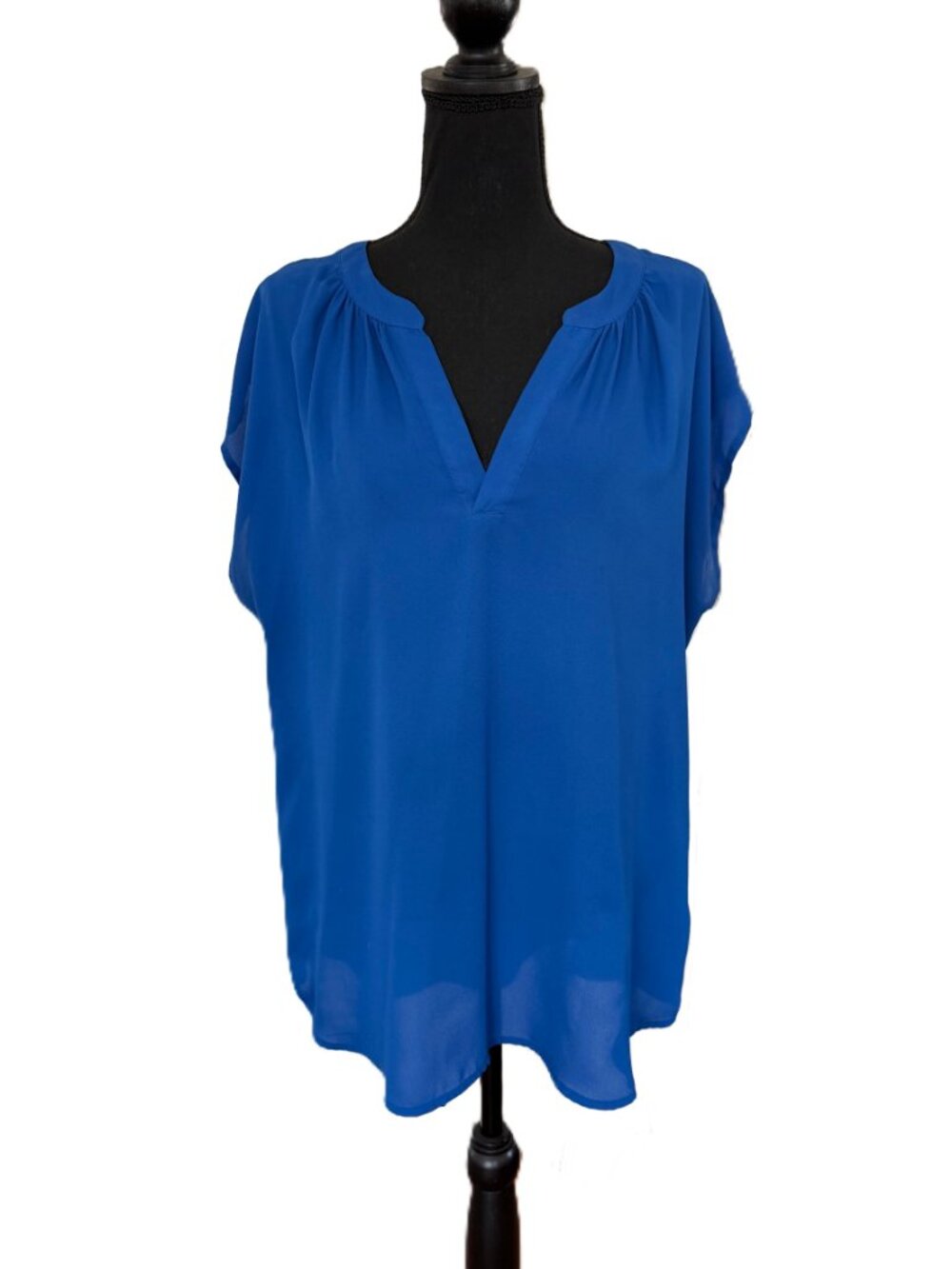 Roz & Ali | 1X | Blue Split Neck Blouse Short Sleeve